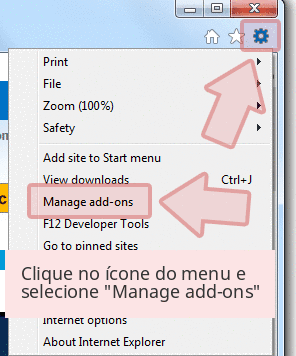 Clique no ícone do menu e selecione 'Manage add-ons' Clique no ícone do menu e selecione 'Manage add-ons'