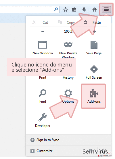 Clique no ícone do menu e selecione 'Add-ons' Clique no ícone do menu e selecione 'Add-ons'