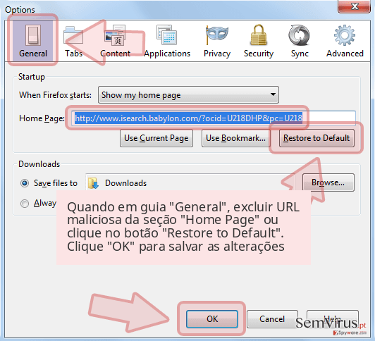 Quando em guia 'General', excluir URL maliciosa da seção 'Home Page' ou clique no botão 'Restore to Default'. Clique 'OK' para salvar as alterações Quando em guia 'General', excluir URL maliciosa da seção 'Home Page' ou clique no botão 'Restore to Default'. Clique 'OK' para salvar as alterações