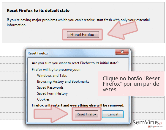 Clique no botão 'Reset Firefox' por um par de vezes Clique no botão 'Reset Firefox' por um par de vezes