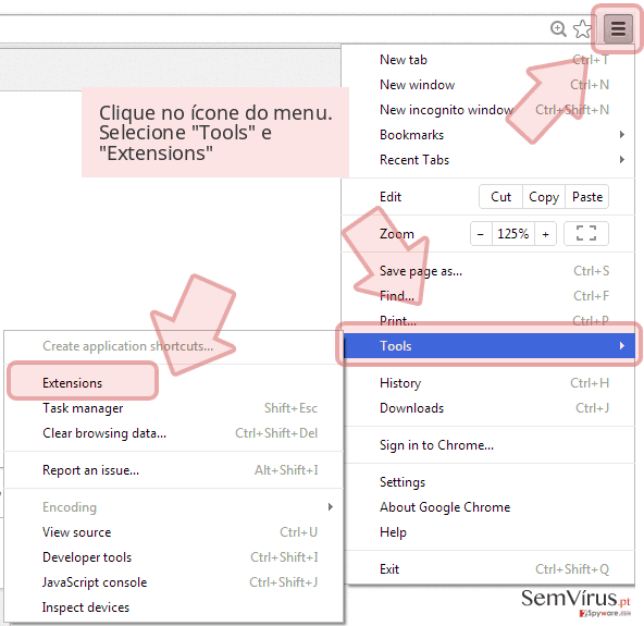 Clique no ícone do menu. Selecione 'Tools' e 'Extensions' Clique no ícone do menu. Selecione 'Tools' e 'Extensions'
