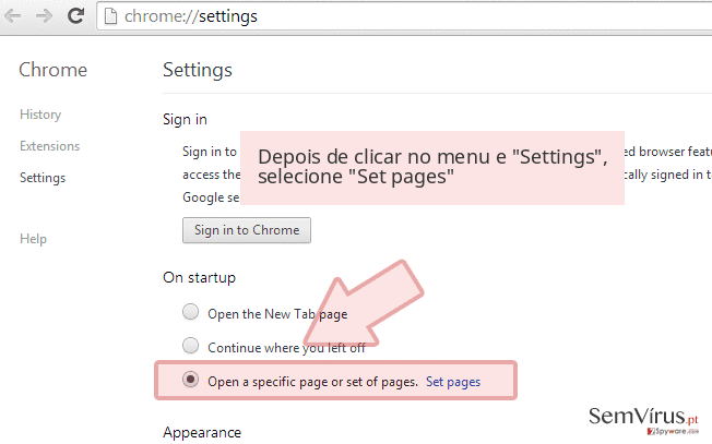 Depois de clicar no menu e 'Settings', selecione 'Set pages' Depois de clicar no menu e 'Settings', selecione 'Set pages'