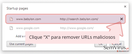 Clique 'X' para remover URLs maliciosos Clique 'X' para remover URLs maliciosos