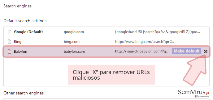 Clique 'X' para remover URLs maliciosos Clique 'X' para remover URLs maliciosos