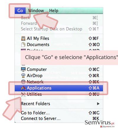 Clique 'Go' e selecione 'Applications' Clique 'Go' e selecione 'Applications'
