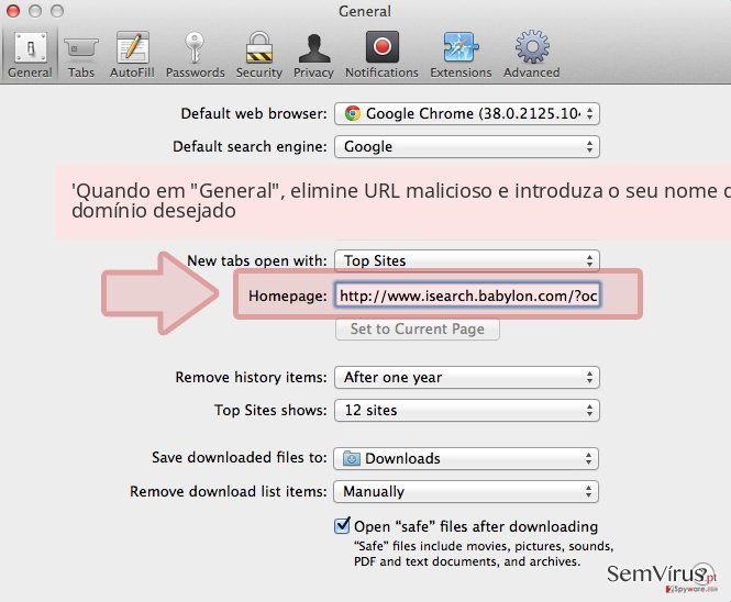 'Quando em 'General', elimine URL malicioso e introduza o seu nome de domínio desejado 'Quando em 'General', elimine URL malicioso e introduza o seu nome de domínio desejado