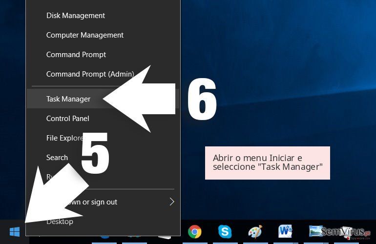 Abrir o menu Iniciar e seleccione 'Task Manager' Abrir o menu Iniciar e seleccione 'Task Manager'