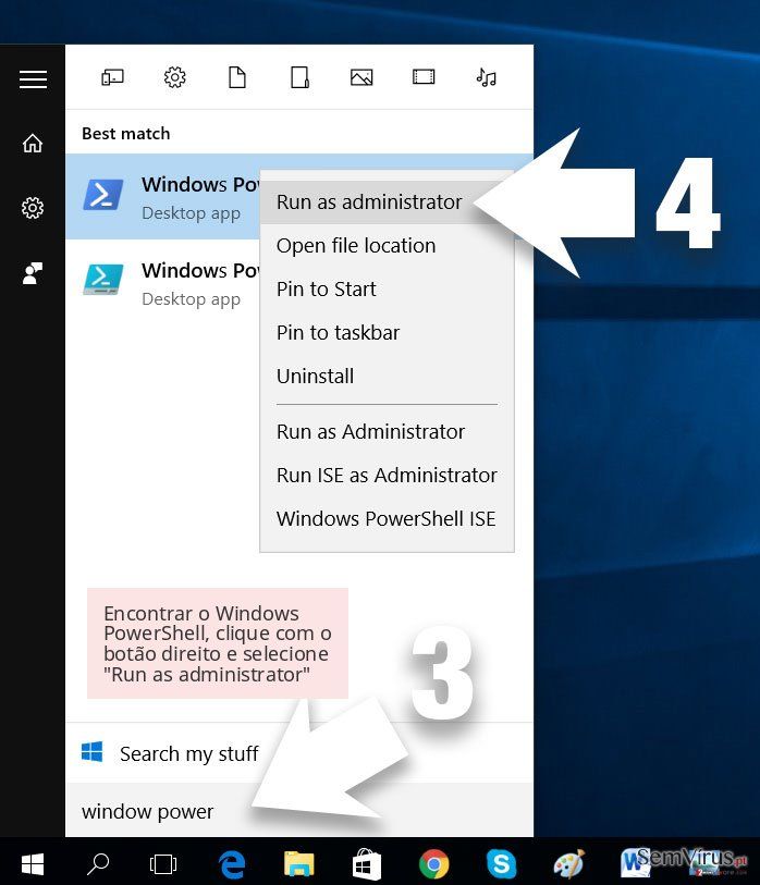 Encontrar o Windows PowerShell, clique com o botão direito e selecione 'Run as administrator' Encontrar o Windows PowerShell, clique com o botão direito e selecione 'Run as administrator'