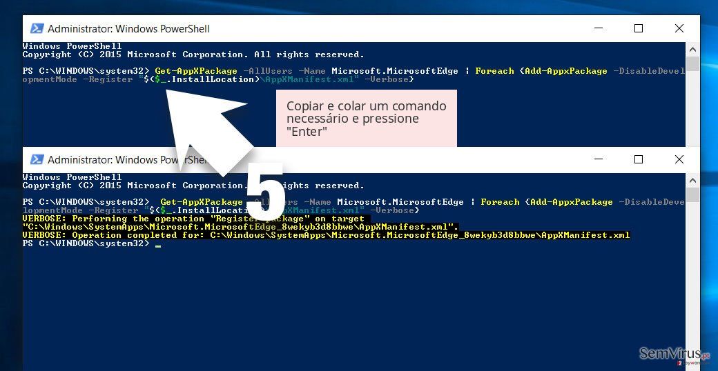Copiar e colar um comando necessário e pressione 'Enter' Copiar e colar um comando necessário e pressione 'Enter'