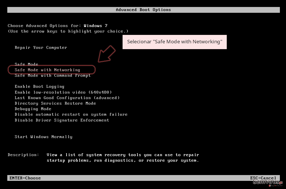 Selecionar 'Safe Mode with Networking' Selecionar 'Safe Mode with Networking'