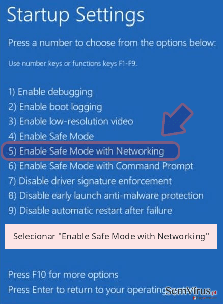 Selecionar 'Enable Safe Mode with Networking' Selecionar 'Enable Safe Mode with Networking'