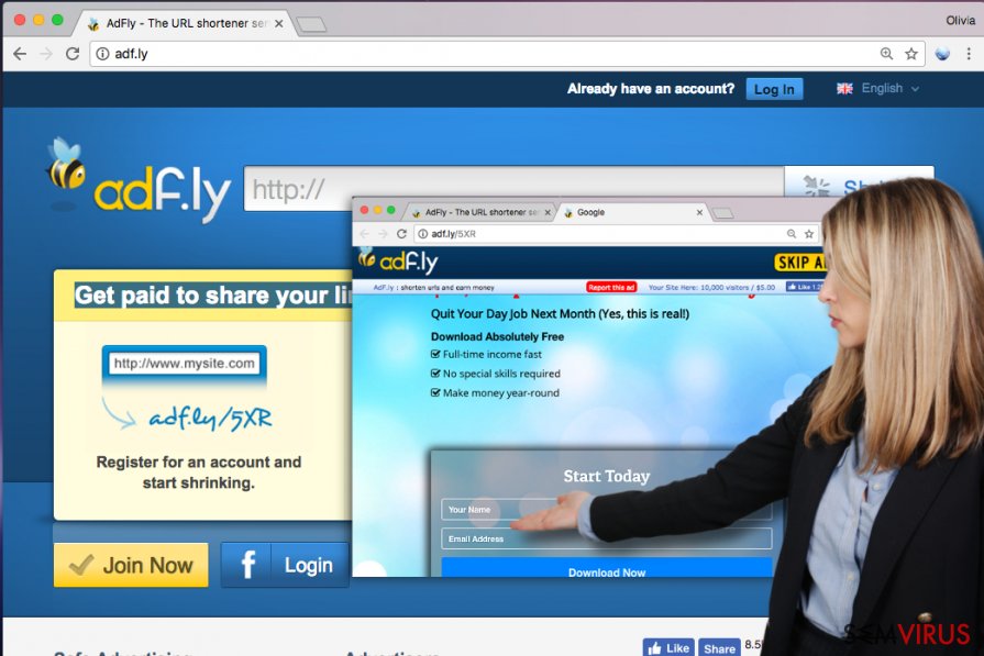 O website Adf.ly e um exemplo de um anúncio a pedir informação pessoal do utilizador