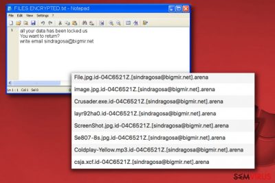 Nota do ransomware Arena FILES ENCRYPTED.txt