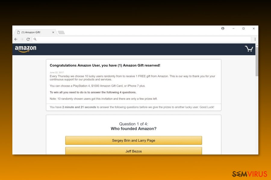 Imagem do vírus “Congratulations Amazon User”